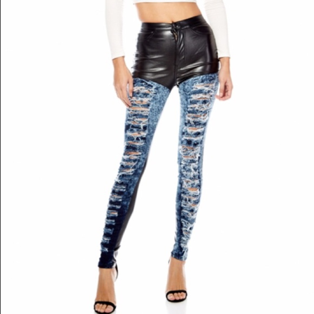 Destroy mixed PU high waist pants