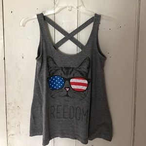 Grey tank top with cat in sunglasses