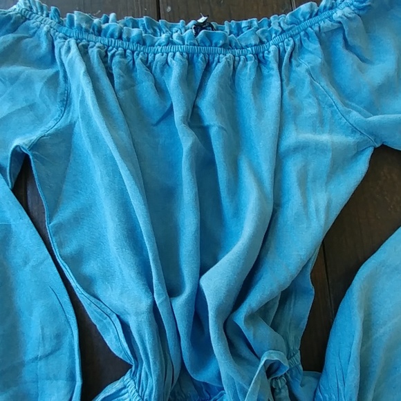 Chambray off the shoulder romper jumpsuit shorts - Picture 2 of 7