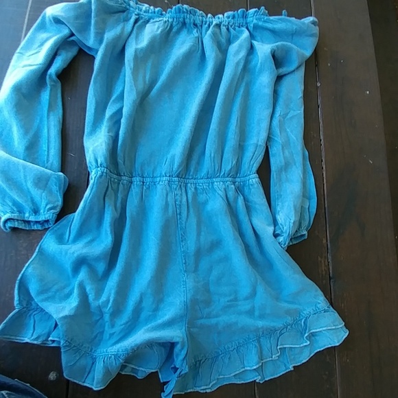 Chambray off the shoulder romper jumpsuit shorts - Picture 6 of 7