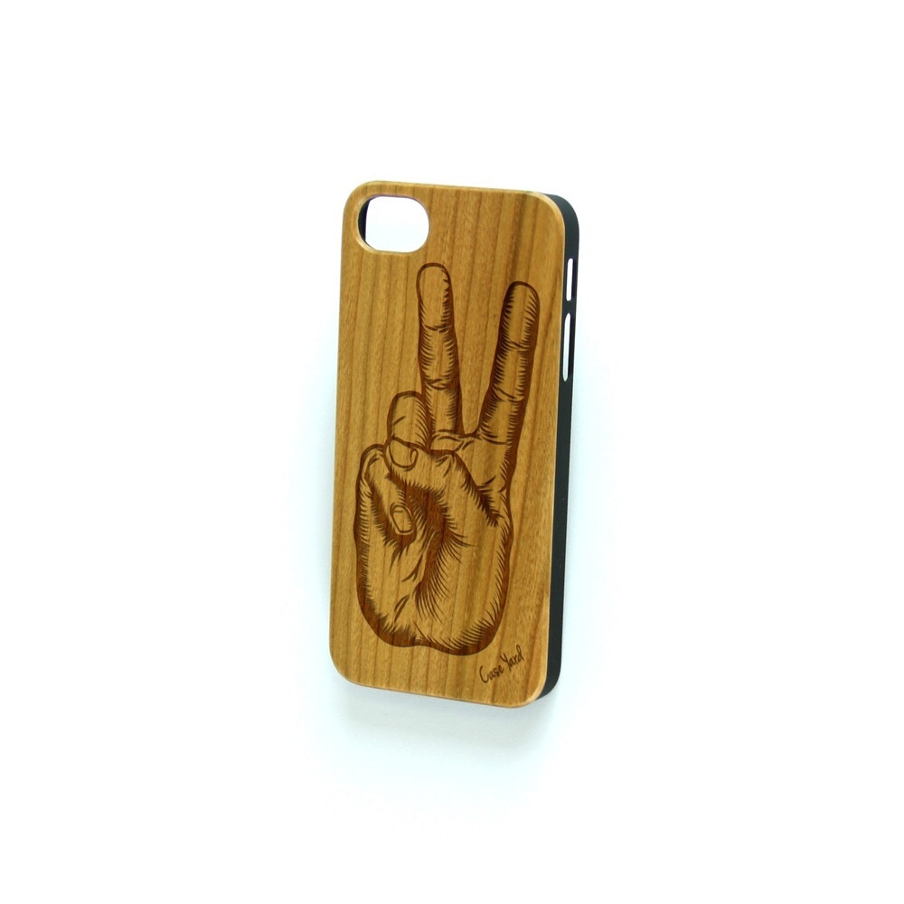 NEW CHERRY WOOD iPHONE CASE W. HAND PEACE DESIGN