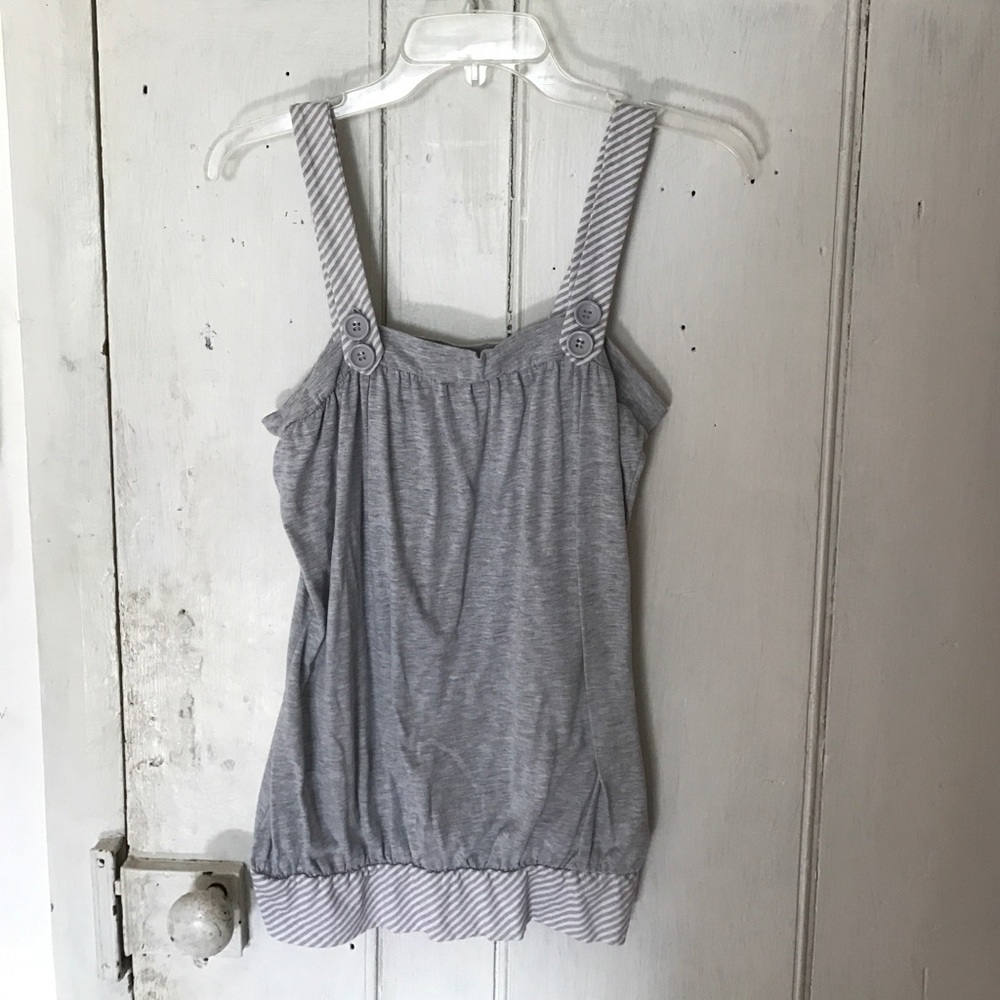 Grey & white tank top w/ striped straps & buttons