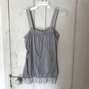 Grey & white tank top w/ striped straps & buttons