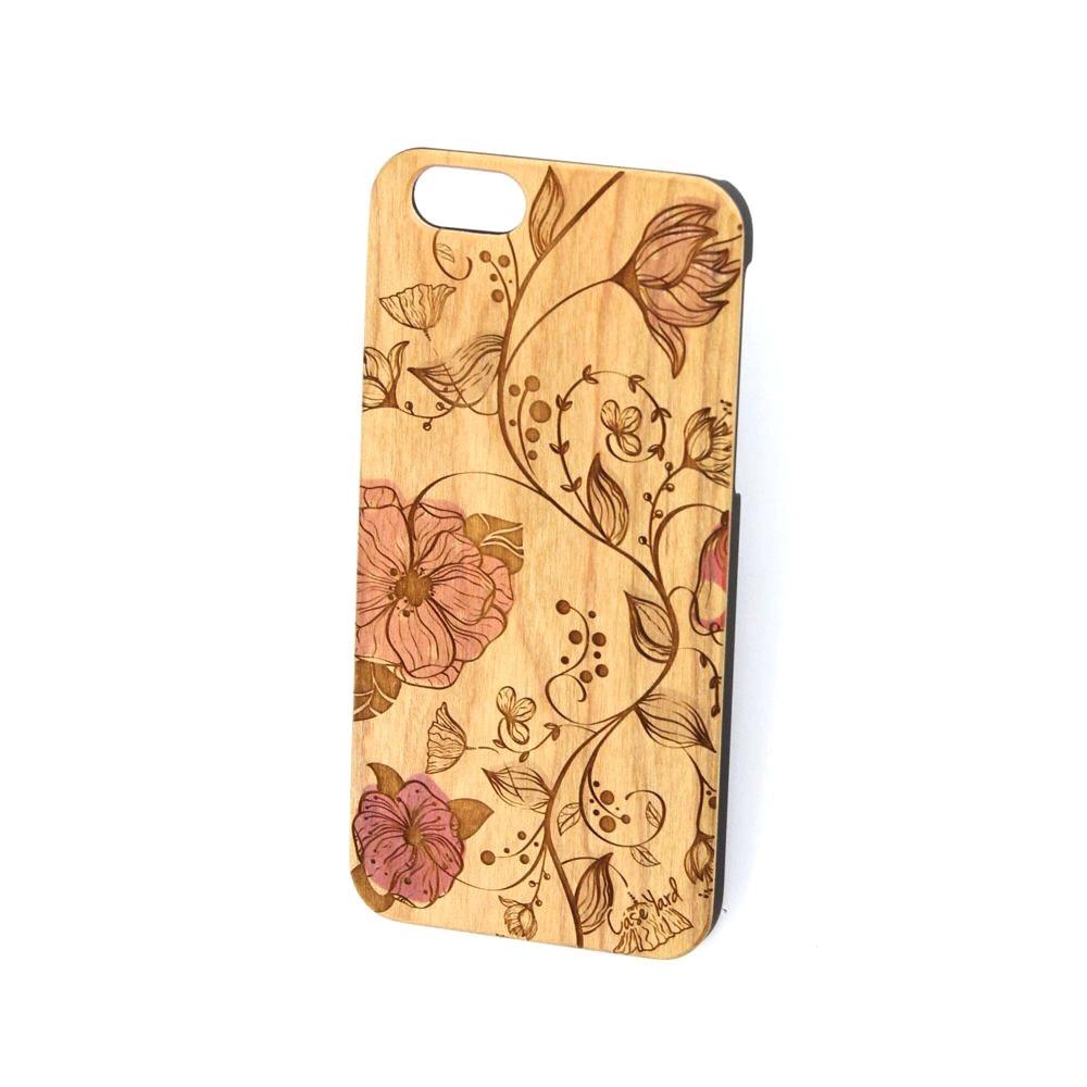 NEW CHERRY WOOD iPHONE CASE W. RED FLOWER DESIGN