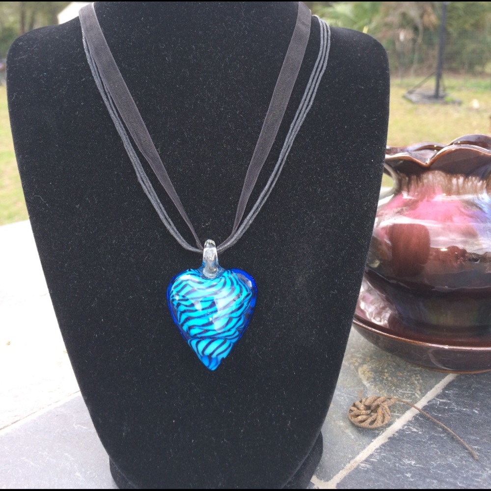 Black Ribbon Necklace With Glass Blue/Black Heart