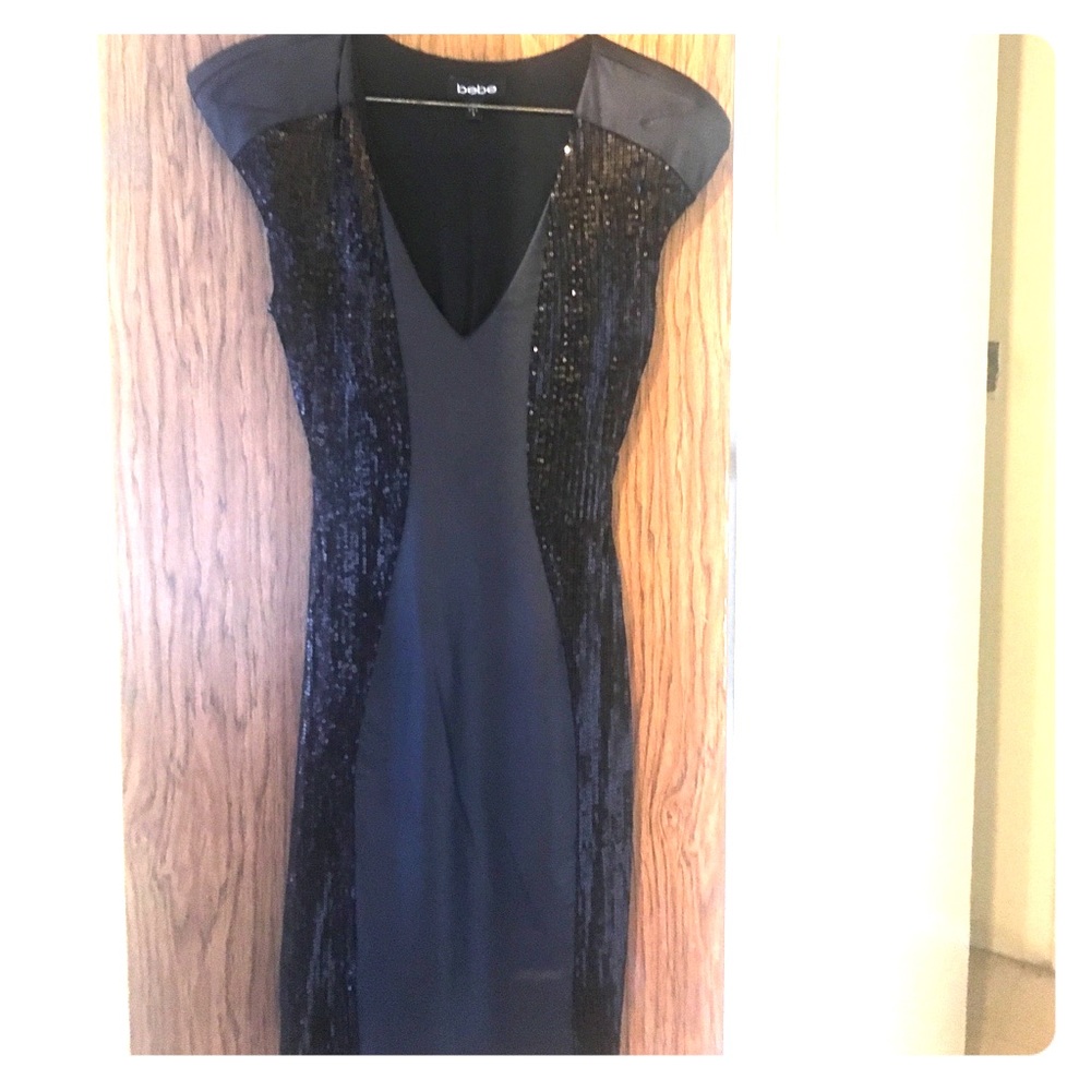 A Bebe black sequence/pleather illusion dress