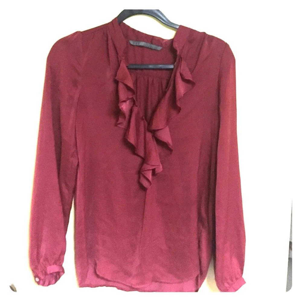 Deep red Zara blouse with button up frill front