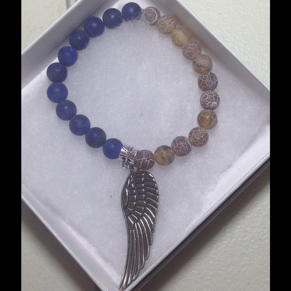 Lapis Lazuli Agate Angel Wing Bracelet - Picture 2 of 4