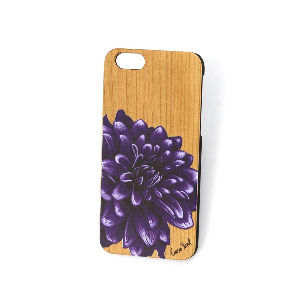 NEW CHERRY WOOD IPHONE CASE W PURPLE DAHLIA DESIGN