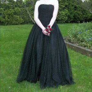 Cache strapless black prom dress w silver sparkles