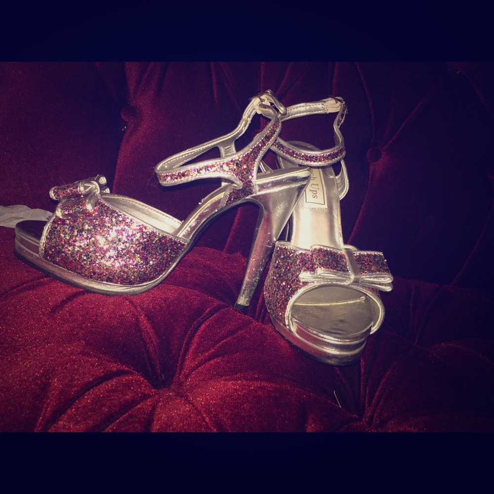 Multi color glitter open toe heels