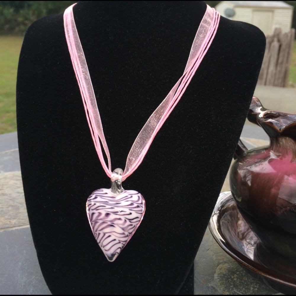 Pink Ribbon Necklace with Pink/Black Heart