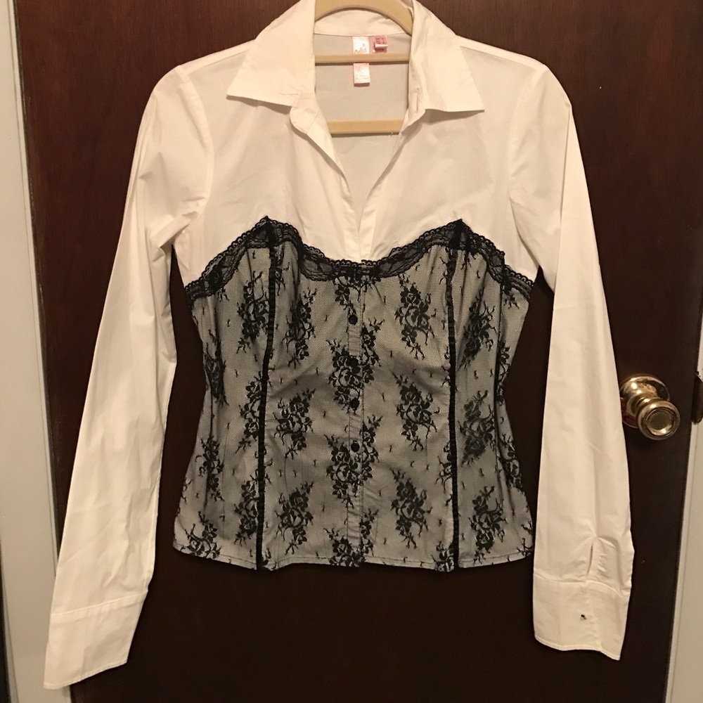 White and black lace button up shirt