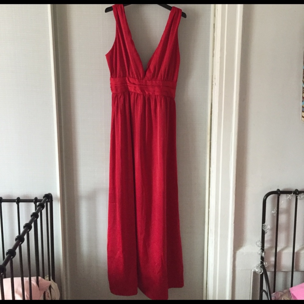 NWT Satin Fire Engine Red Plunging V Maxi Dress