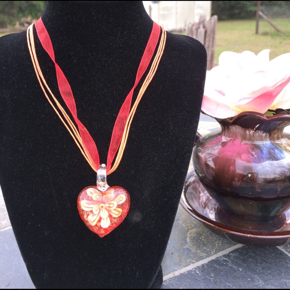 Orange Ribbon Necklace with Glass Orange Heart