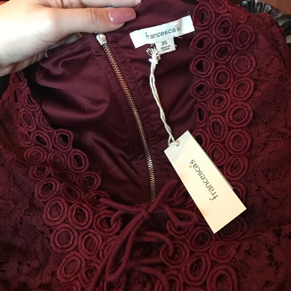 Francesca's • Maroon Lace Up Lace Skater Dress - Picture 4 of 8