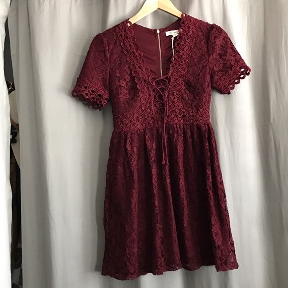 Francesca's • Maroon Lace Up Lace Skater Dress - Picture 5 of 8