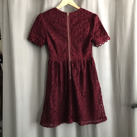 Francesca's • Maroon Lace Up Lace Skater Dress - Picture 6 of 8