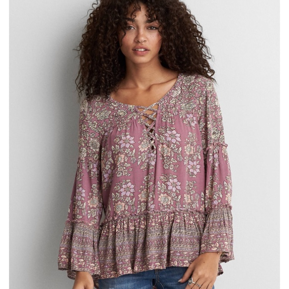 Lace up Bell Sleeve Floral Flowy Top