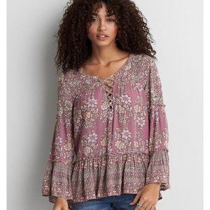 Lace up Bell Sleeve Floral Flowy Top
