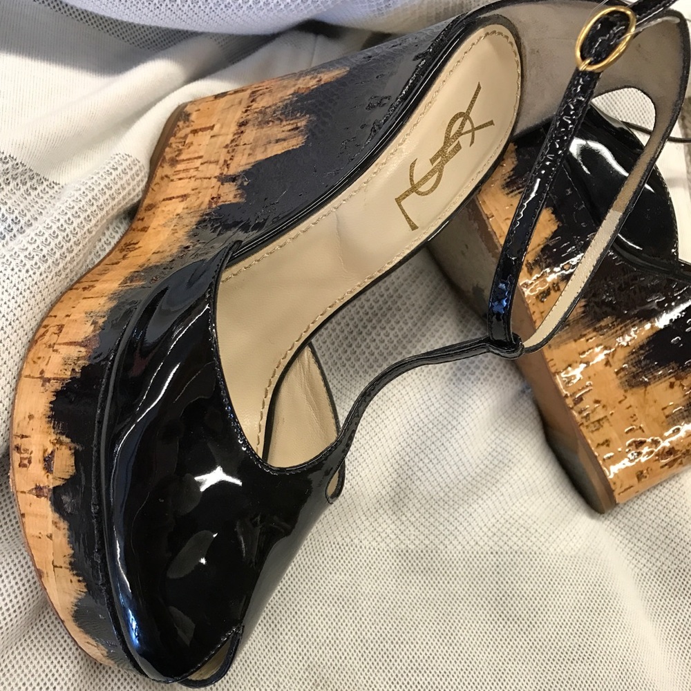 YSL Black Patent Ombré Cork T-Strap Platform Wedge