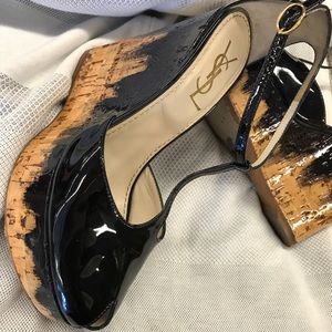YSL Black Patent Ombré Cork T-Strap Platform Wedge