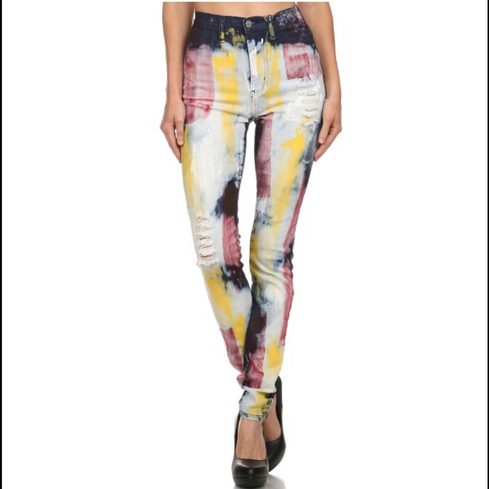 Yellow and white paint skinny jeans