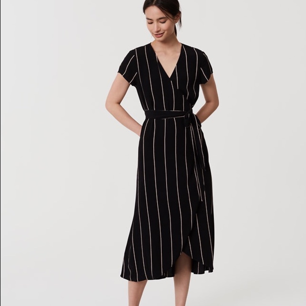 LOFT Black & White Striped Midi Wrap Dress NWT