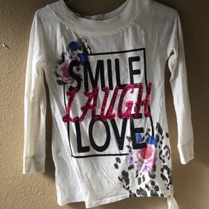 Justice white smile, laugh and love print sweater