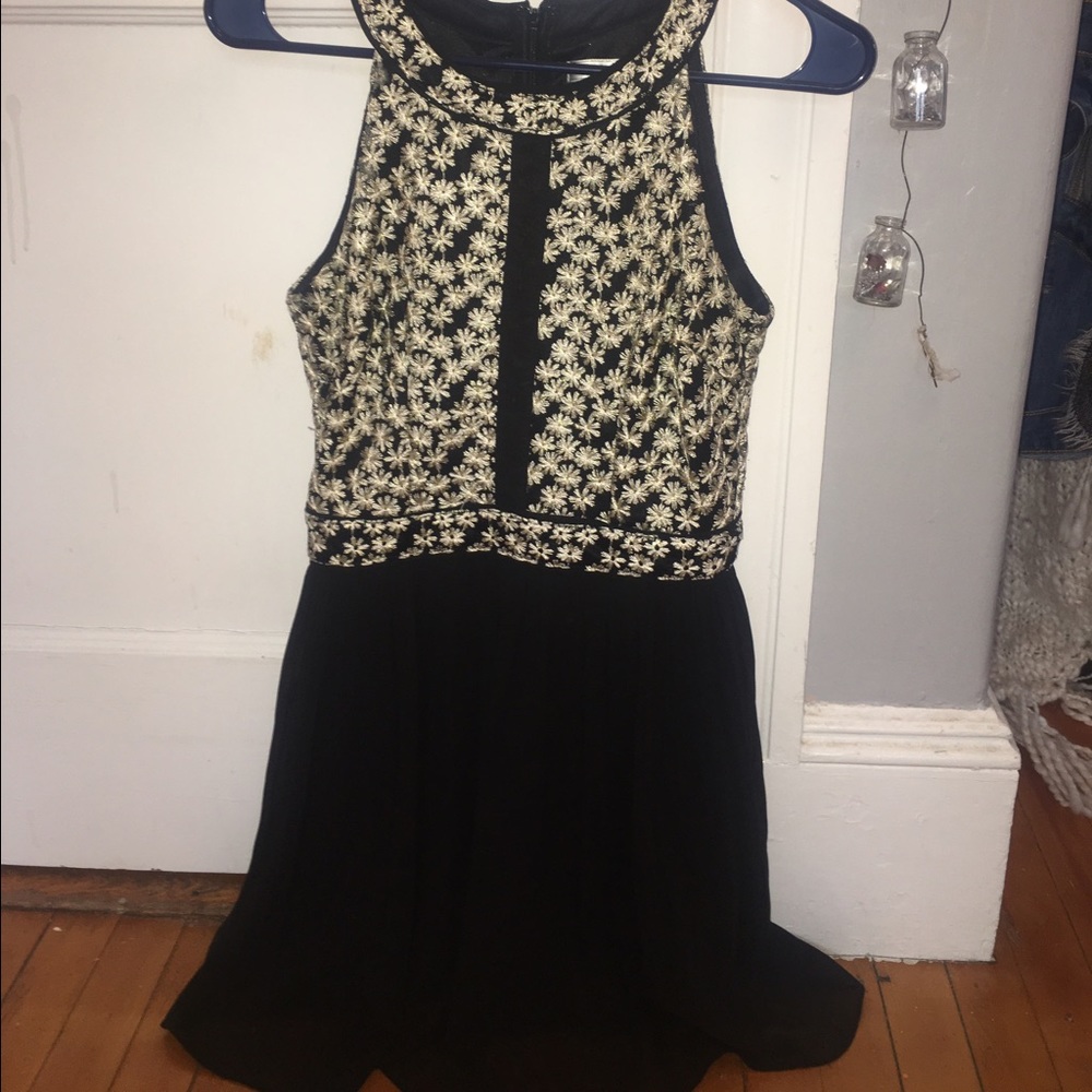 formal, black dress with gold flowers