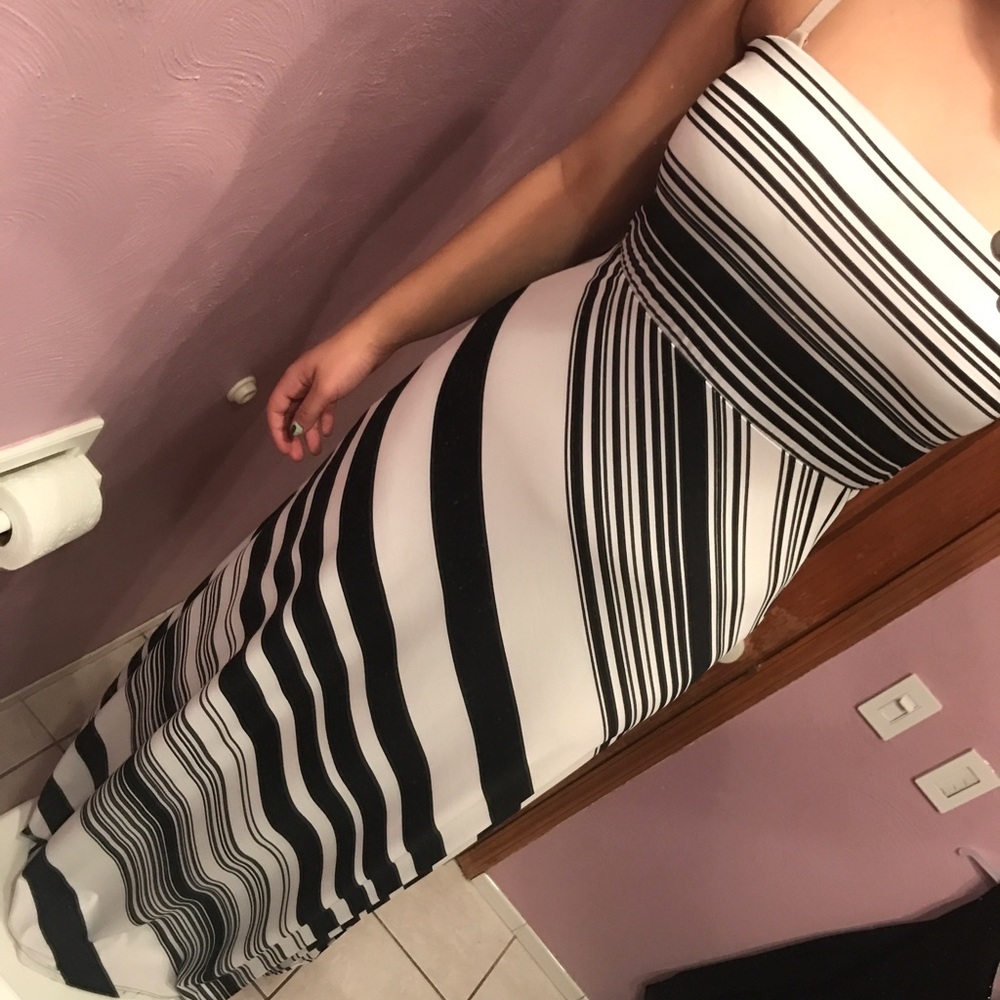 Strapless black and white striped maxi dress!