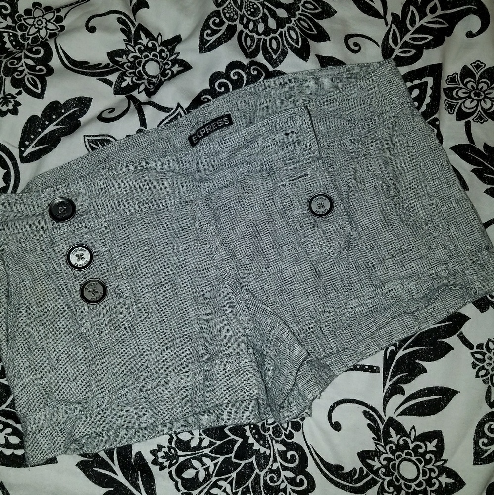 Gray woven shorts.