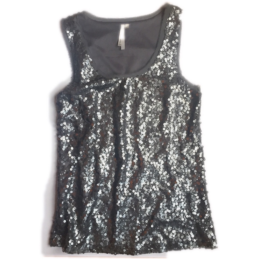 Silver Tank Top with Sequins and Fringe Large - Picture 1 of 4
