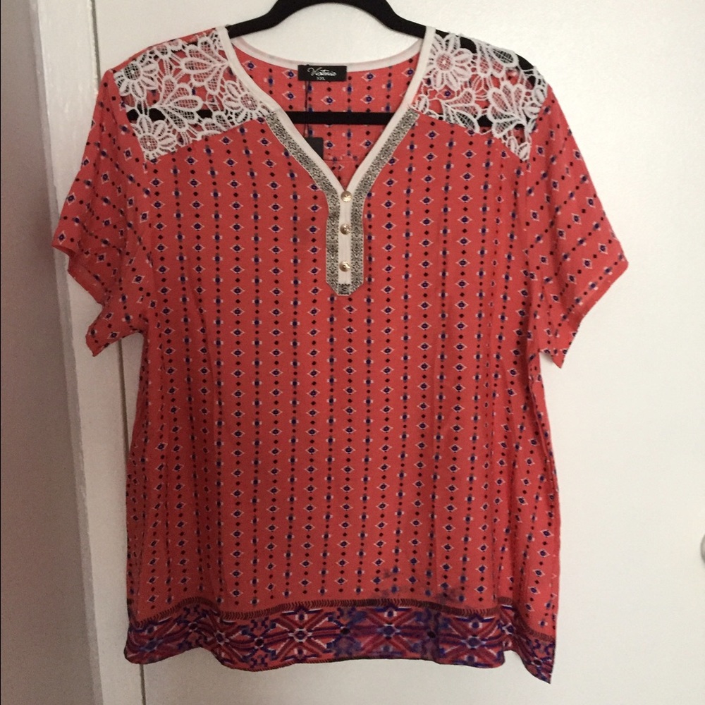 NWT Women's Pink Lace Shoulder Tribal Top XL