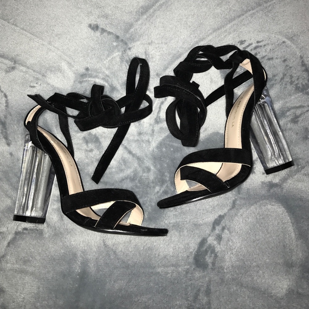 Black velvet clear heel sandals