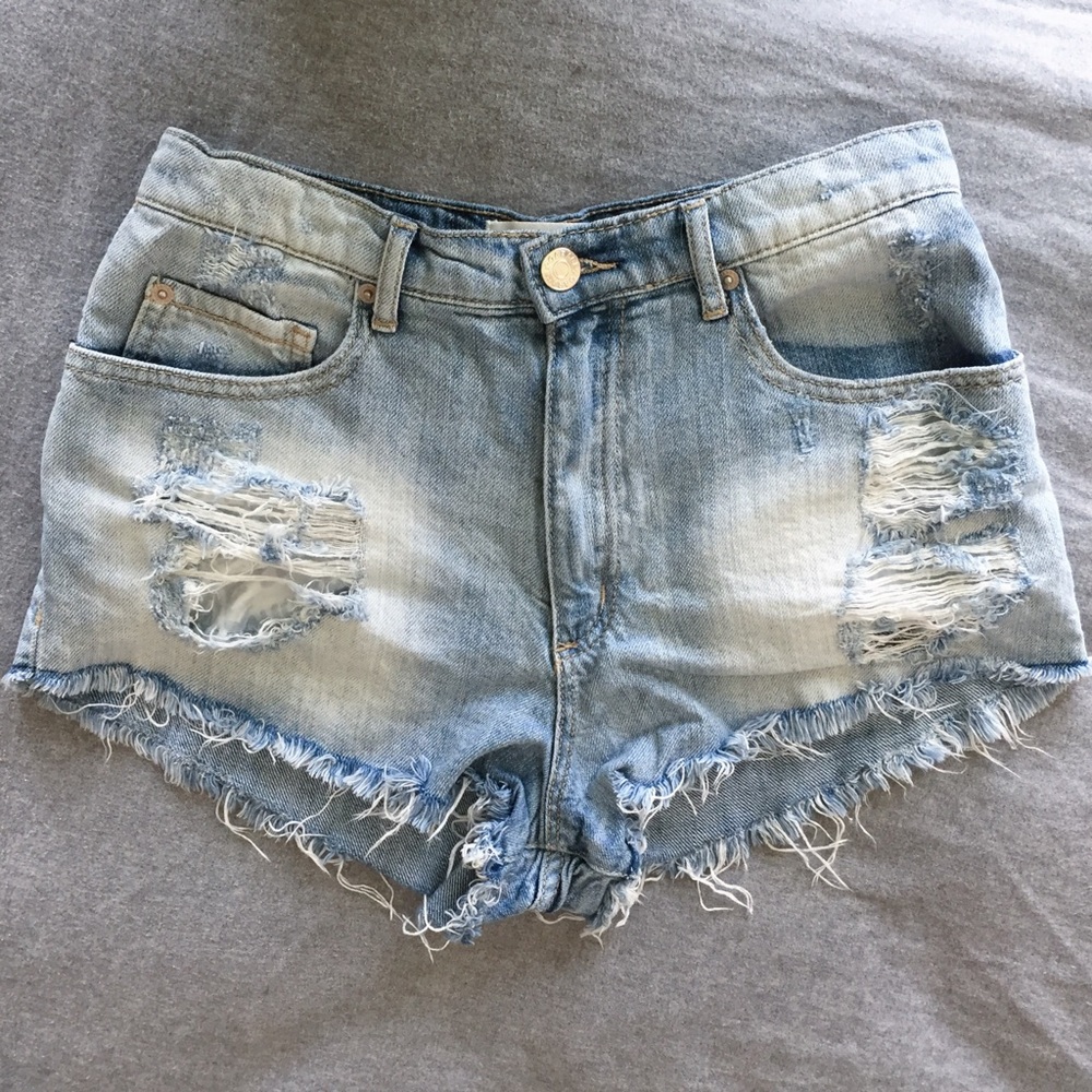 Distressed high waisted denim shorts