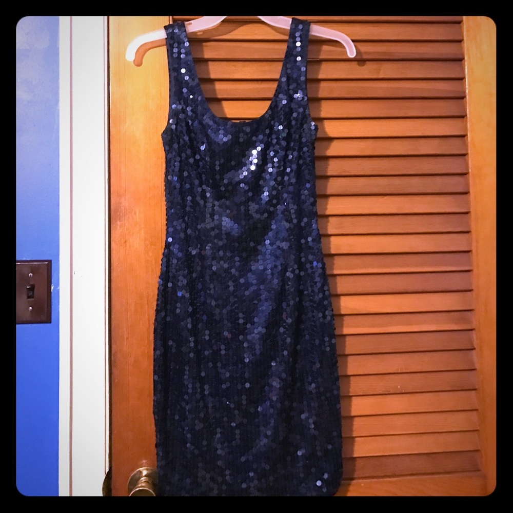 Cache navy blue sequin tank dress size 2