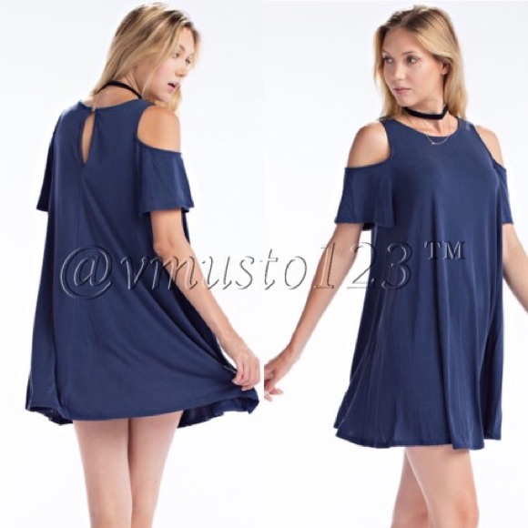 LAST 1! NAVY COLD SHOULDER MINI DRESS TUNIC - Picture 2 of 2