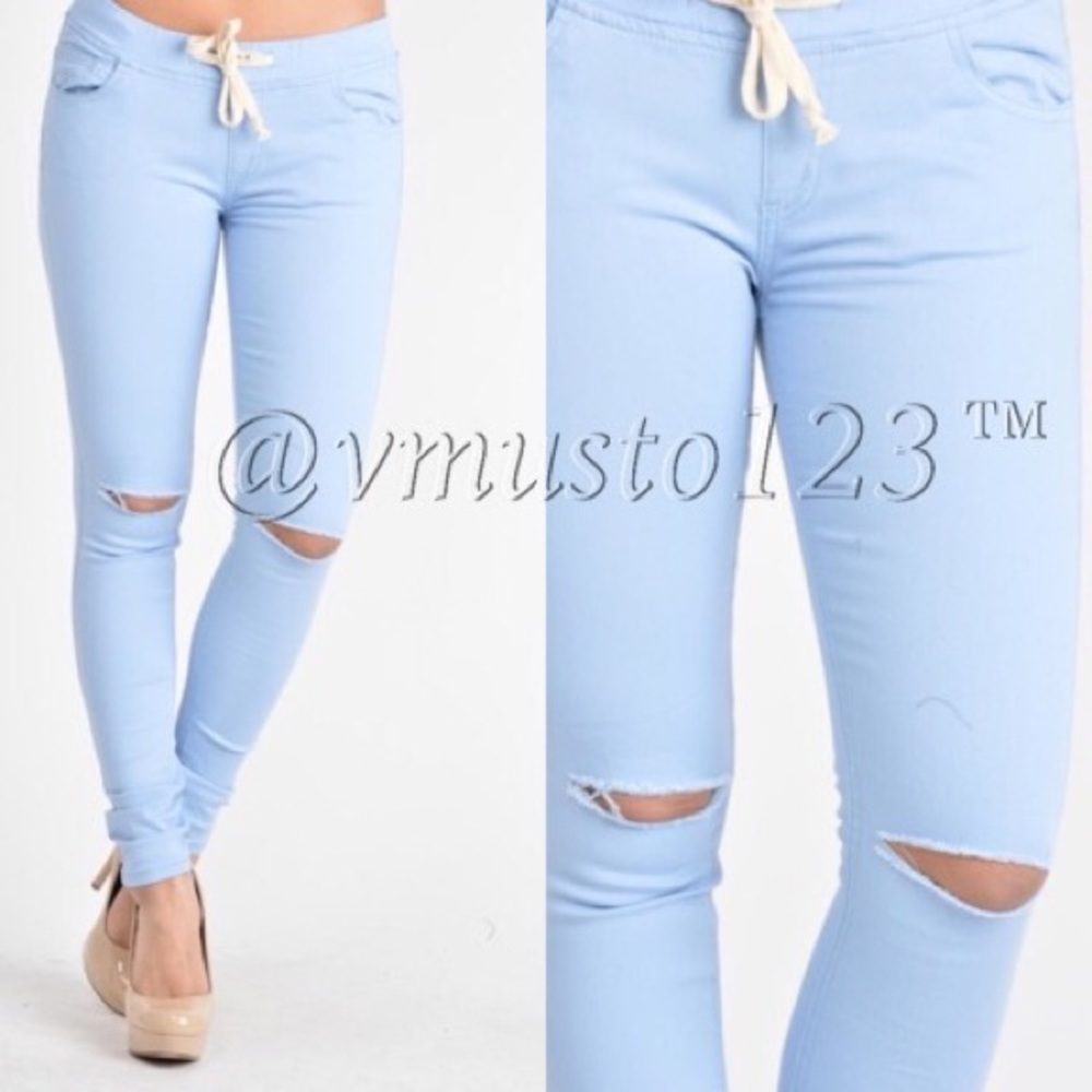 ‼️LAST -  DUSTY BLUE COLD KNEE SKINNY PANTS - Picture 2 of 3