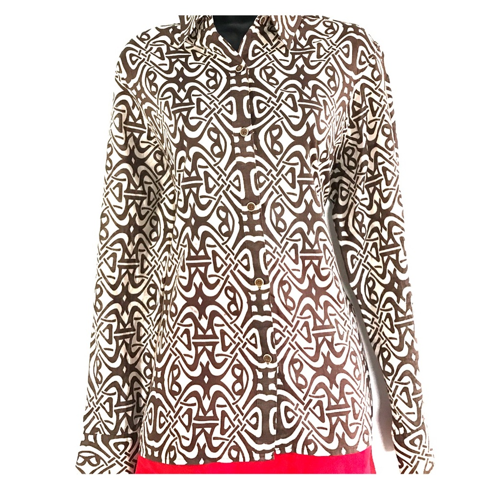 Jones New York Brown Cream 100% Cotton Blouse