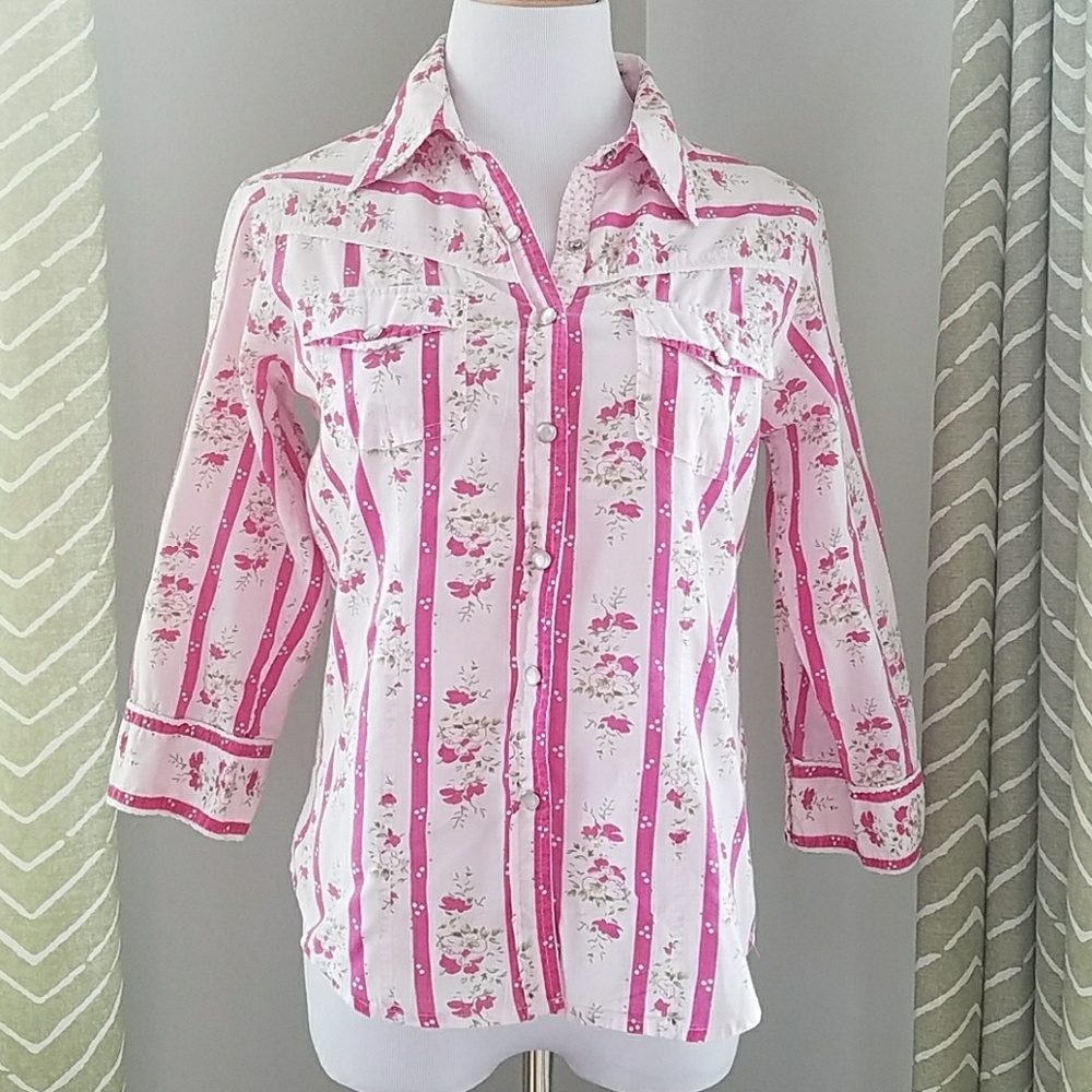 Pink Floral Western Style Girl's Snap Button Shirt
