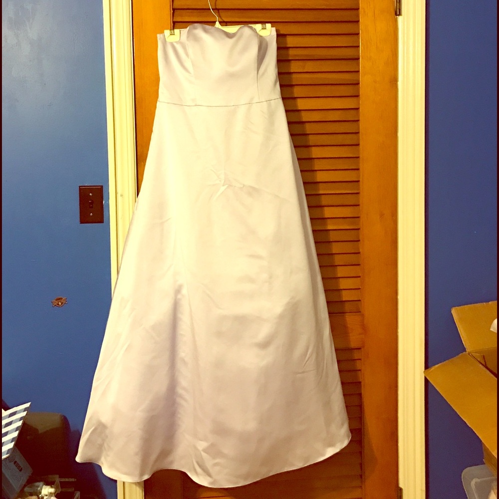 David's Bridal floor length strapless purple dress