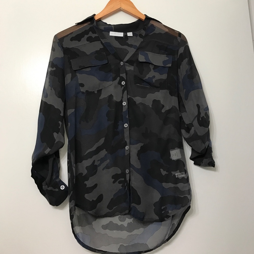 Blue camo print button up