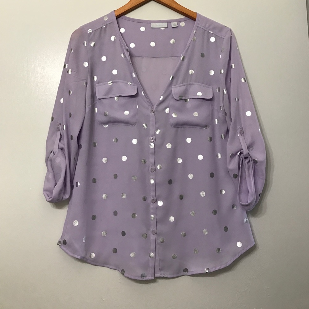 Light purple and silver polka dot button up blouse