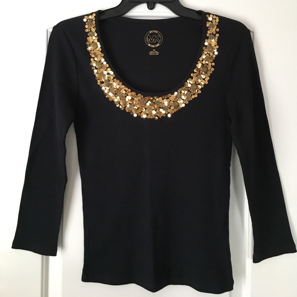 Michael Kors Gold Sequined Navy Top