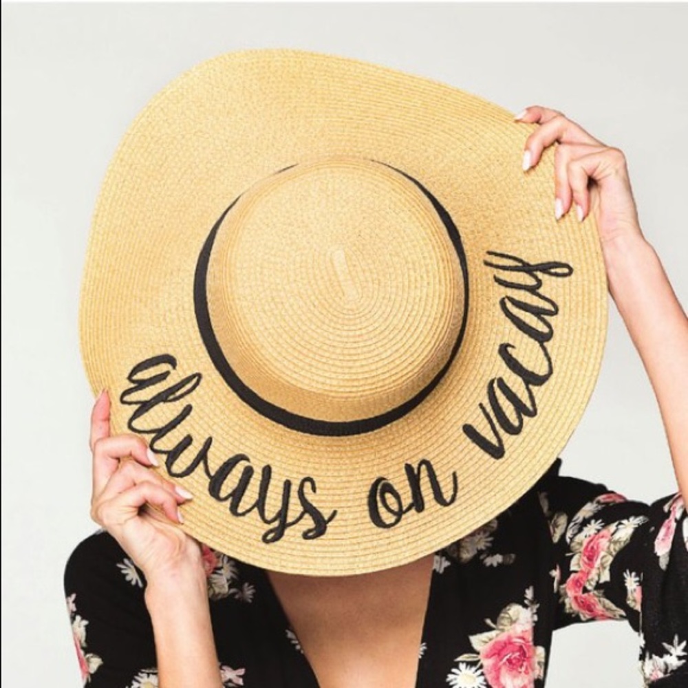 "Always on vacay" Embroidered Floppy Beach Hat - Picture 2 of 6