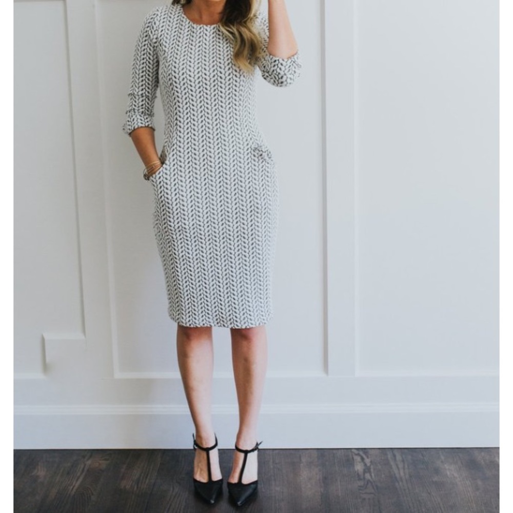 BELLE PENCIL DRESS GREY WHITE EASTER SPRING
