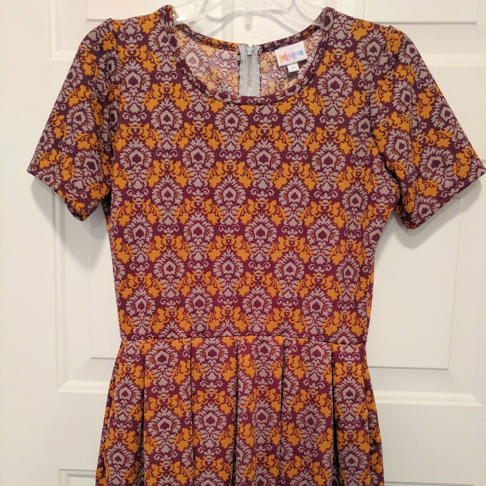 Medium Lularoe Amelia - burgundy, gold and grey