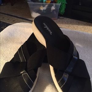 Canvas black slip on sandals easy spirit