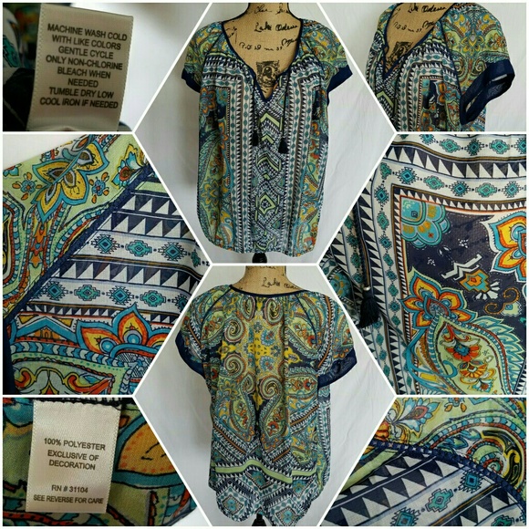 new directions Tops - New Directions, Navy Blue & Yellow Paisley Design